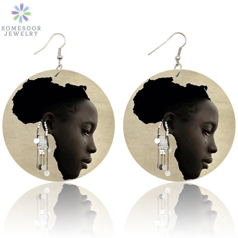 SOMESOOR New Arrival African Map Wood Ethnic Earrings Jewelry Afro Tears Headwrap Woman Black Queen Vintage Painted Ear Jewelry.