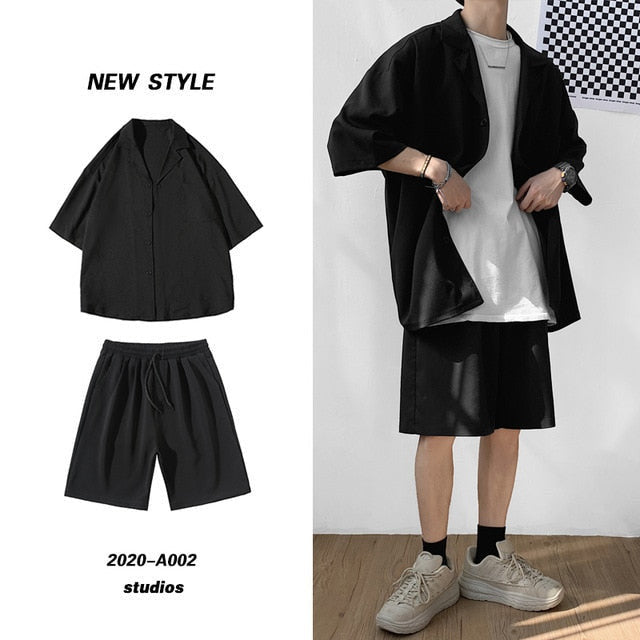 969696 yuhuv test Korean Style Men's Set Suit Jacket and Shorts Solid Thin Short Sleeve Single Pocket Knee-Length Summer Oversized Clothing Man yuhuv test aja.