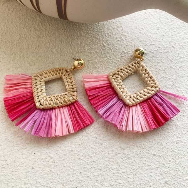 NEW Korea Bamboo Wooden Straw Weave Rattan Knit Vine Geometric Circle Triangle Long Drop Earrings for Women Girl Beach Jewelry yuhuv test yuhuv test022.
