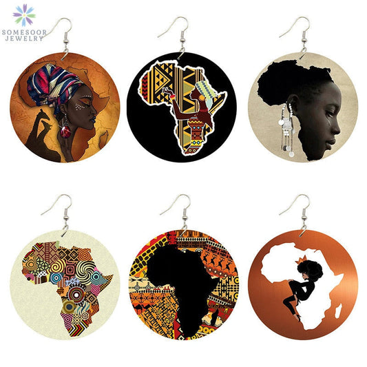 SOMESOOR New Arrival African Map Wood Ethnic Earrings Jewelry Afro Tears Headwrap Woman Black Queen Vintage Painted Ear Jewelry.