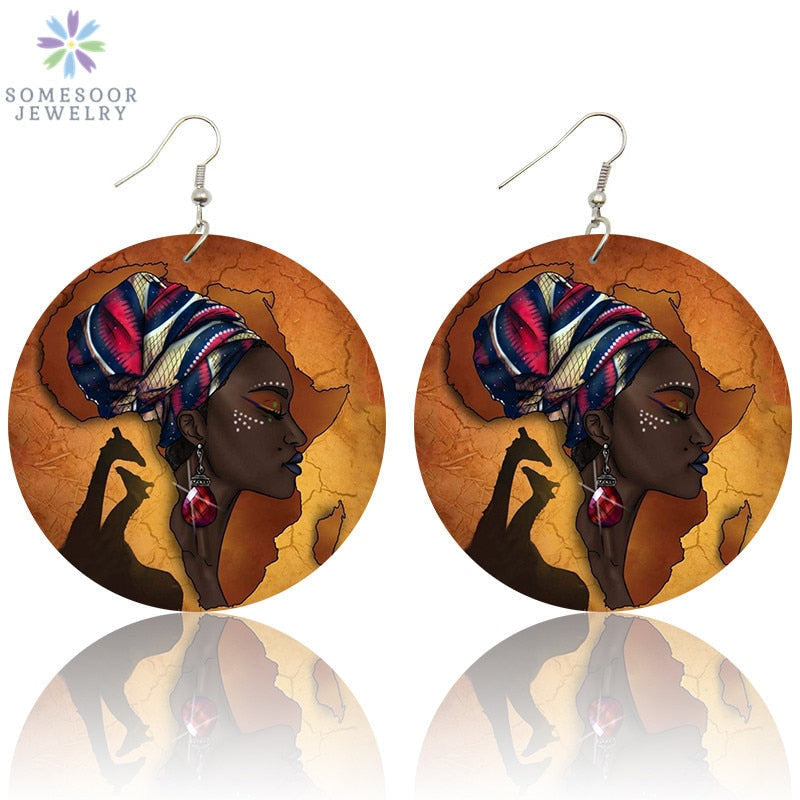 969696  yuhuv test SOMESOOR New Arrival African Map Wood Ethnic Earrings Jewelry Afro Tears Headwrap Woman Black Queen Vintage Painted Ear Jewelry yuhuv test 0ajađ.