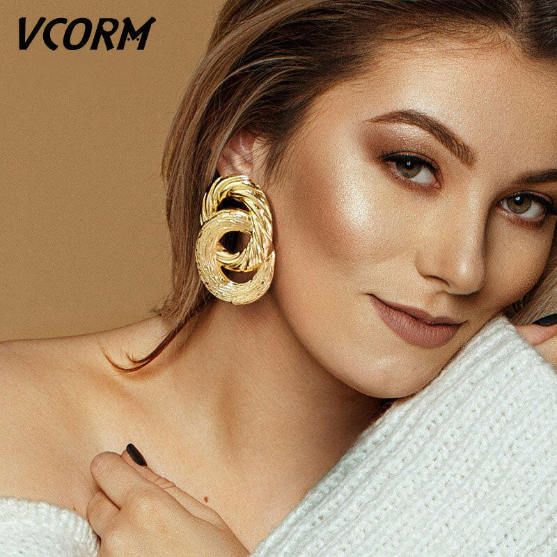 VCORM Vintage Fashion Gold Big Pendant Earrings for Women Geometry Crossed Metal Loops Drop Earrings Statement Women  Jewelry yuhuv test  yuhuv test022.