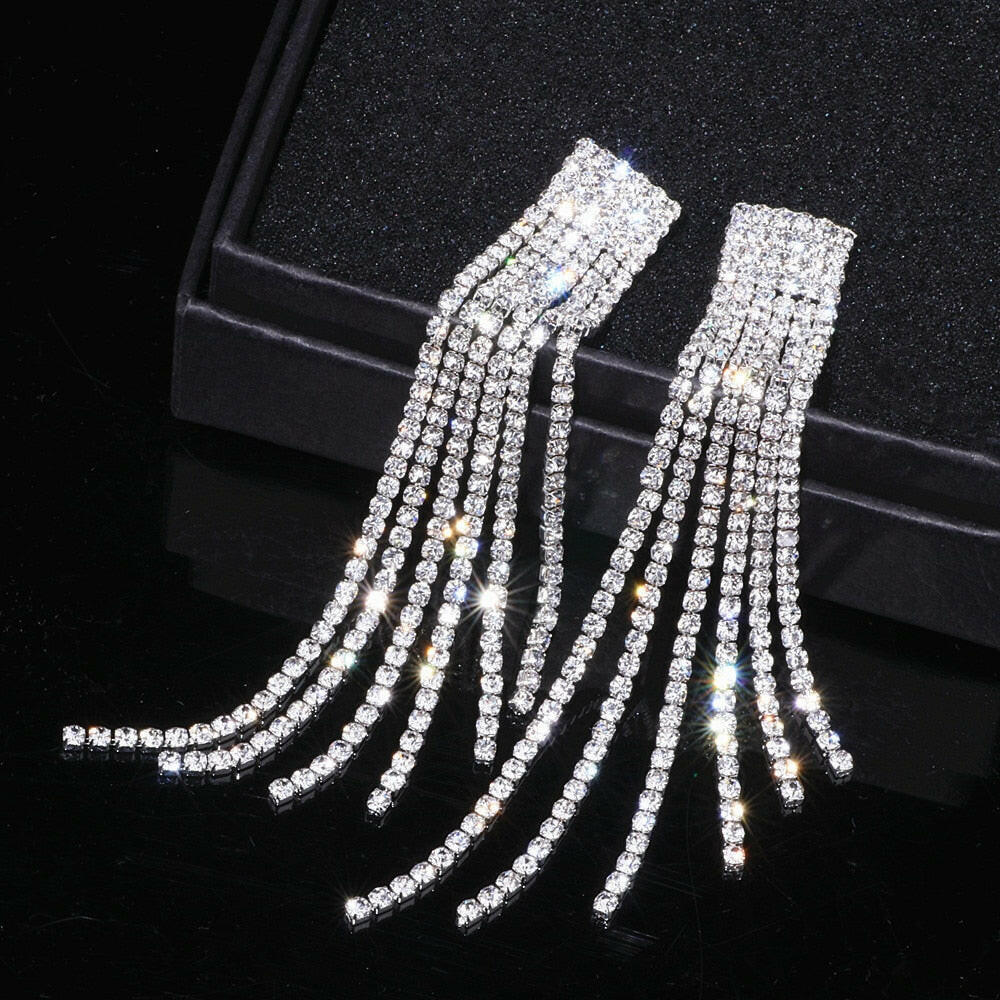 New Silver Color Rhinestone Crystal Long Tassel Earrings for Women Bridal Drop Dangling Earrings Brincos Wedding Jewelry WX006 yuhuv test  yuhuv test022.