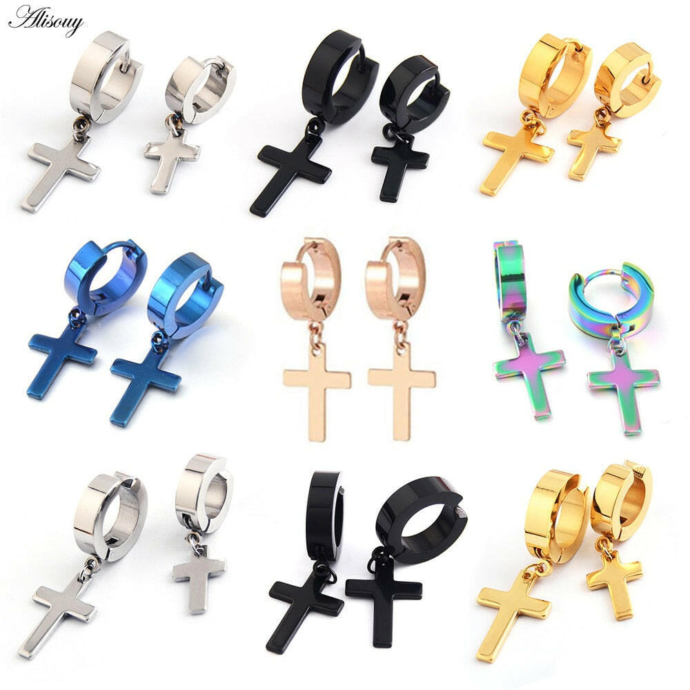 Alisouy 2pcs Women Men's Stainless Steel Dropping Earrings Black/Silver Color Cross Gothic Punk Rock Style Pendientes Mujer Moda yuhuv test  yuhuv test022.