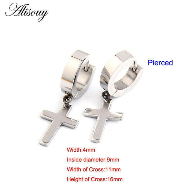 Alisouy 2pcs Women Men's Stainless Steel Dropping Earrings Black/Silver Color Cross Gothic Punk Rock Style Pendientes Mujer Moda yuhuv test  yuhuv test022.