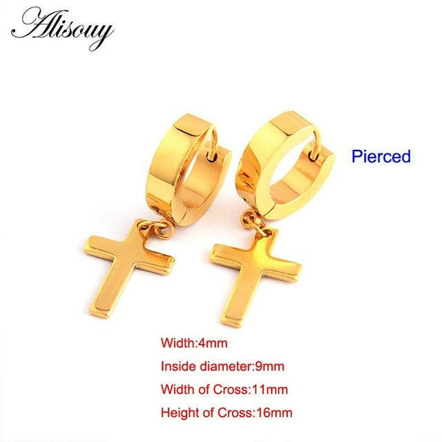 Alisouy 2pcs Women Men's Stainless Steel Dropping Earrings Black/Silver Color Cross Gothic Punk Rock Style Pendientes Mujer Moda yuhuv test  yuhuv test022.