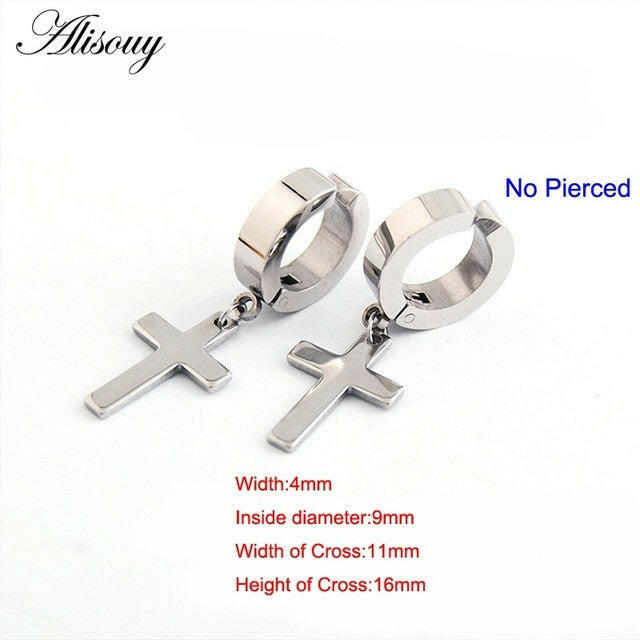 Alisouy 2pcs Women Men's Stainless Steel Dropping Earrings Black/Silver Color Cross Gothic Punk Rock Style Pendientes Mujer Moda yuhuv test  yuhuv test022.