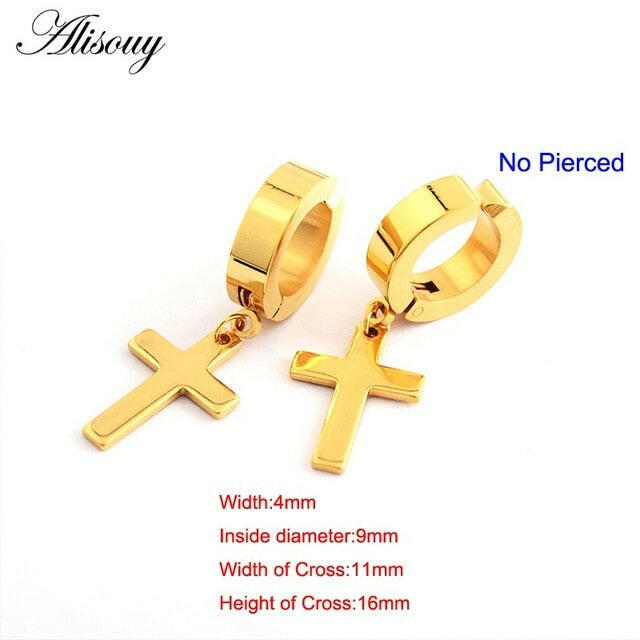 Alisouy 2pcs Women Men's Stainless Steel Dropping Earrings Black/Silver Color Cross Gothic Punk Rock Style Pendientes Mujer Moda yuhuv test  yuhuv test022.