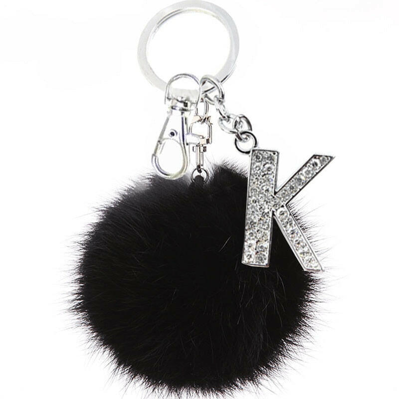 TEH Fluffy Black Pompom Faux Rabbit Fur Ball Keychains Crystal Letters Key Rings Key Holder Trendy Jewelry Bag Accessories Gift yuhuv test  yuhuv test022.