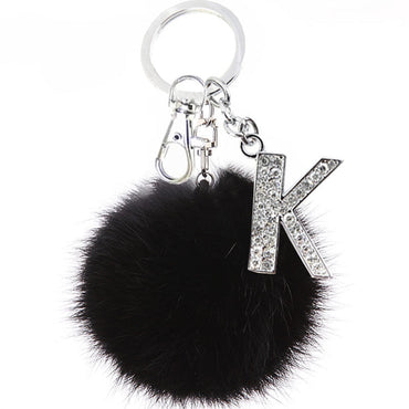 969696  yuhuv test TEH Fluffy Black Pompom Faux Rabbit Fur Ball Keychains Crystal Letters Key Rings Key Holder Trendy Jewelry Bag Accessories Gift yuhuv test aja.