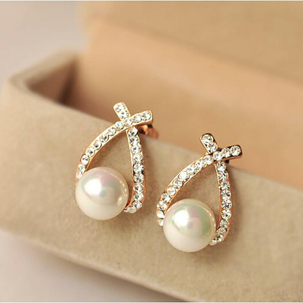 Korea New Fashion Gold Silver Color Cross Crystal Stud Earrings for Women Elegant Cute Pearl Earrings Brincos Jewelry Wholesale yuhuv test  yuhuv test022.