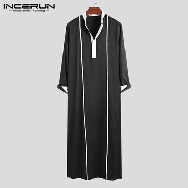 969696  yuhuv test INCERUN Men Islamic Arabic Kaftan Muslim Clothing Long Sleeve Patchwork Abaya Robes Fashion Saudi Arabia Dubai Mens Jubba Thobe yuhuv test aja.