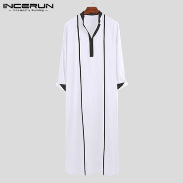 969696  yuhuv test INCERUN Men Islamic Arabic Kaftan Muslim Clothing Long Sleeve Patchwork Abaya Robes Fashion Saudi Arabia Dubai Mens Jubba Thobe yuhuv test aja.