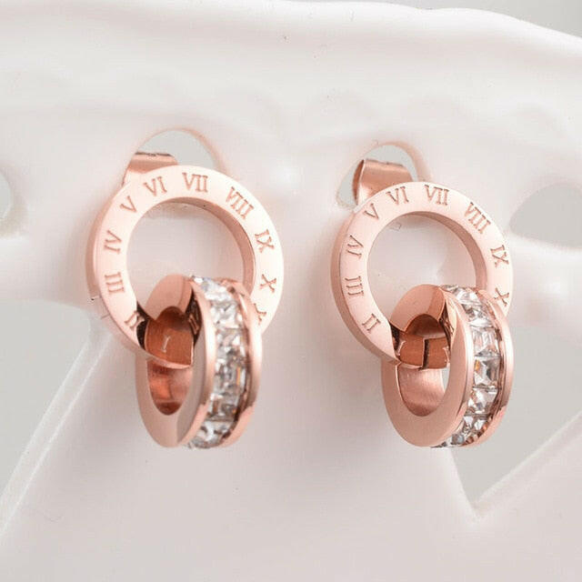 Top Brand Hight Quality Titanium Steel Double Wound Roman Numerals Crystal Stud Earrings For Women Gift Jewelry yuhuv test  yuhuv test022.