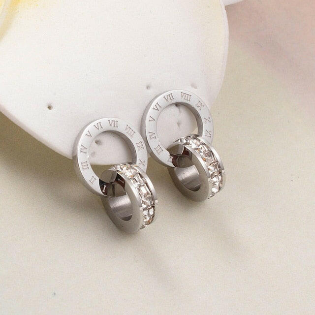 Top Brand Hight Quality Titanium Steel Double Wound Roman Numerals Crystal Stud Earrings For Women Gift Jewelry yuhuv test  yuhuv test022.