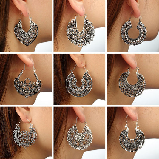 969696 yuhuv test HuaTang Vintage Ethnic Earring Geometric Antique Silver Color Gold Hollow Flower Drop Earring Piercing Earring Statement Jewelry yuhuv test aja.