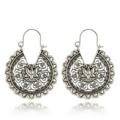 HuaTang Vintage Ethnic Earring Geometric Antique Silver Color Gold Hollow Flower Drop Earring Piercing Earring Statement Jewelry yuhuv test  yuhuv test022.