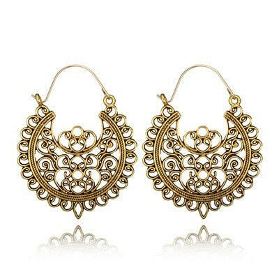 HuaTang Vintage Ethnic Earring Geometric Antique Silver Color Gold Hollow Flower Drop Earring Piercing Earring Statement Jewelry yuhuv test  yuhuv test022.