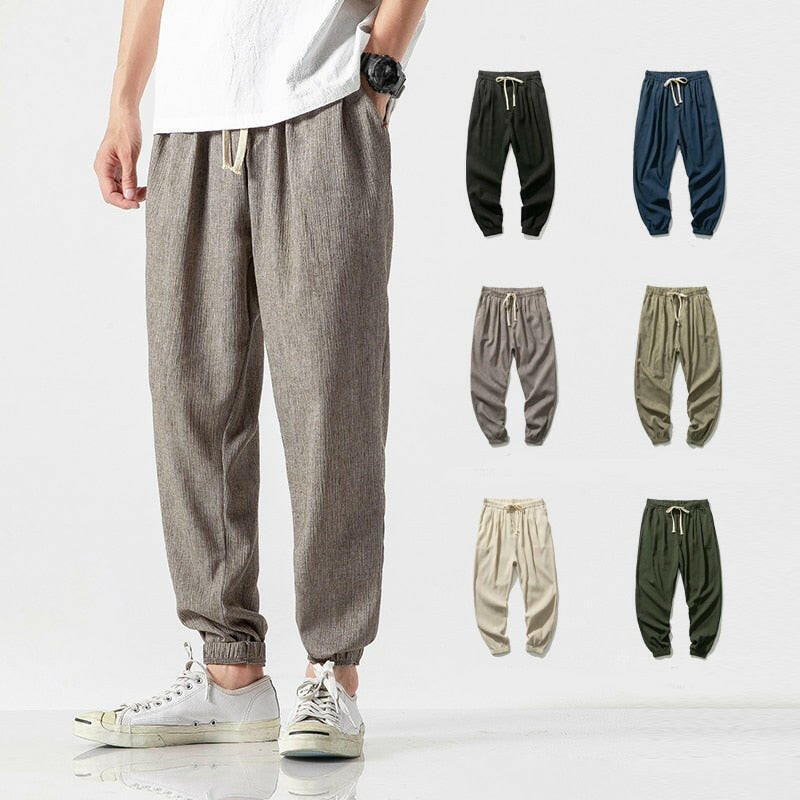 Chinese Style Harem Jogger Pants Men Cotton Linen Sweatpants Trousers Men Casual Lightweight Spring Summer Men Joggers yuhuv test  yuhuv test022.