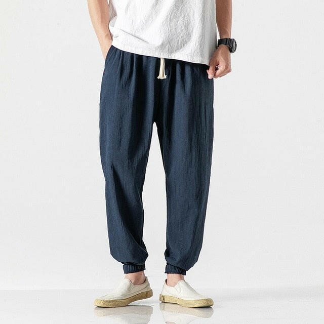 Chinese Style Harem Jogger Pants Men Cotton Linen Sweatpants Trousers Men Casual Lightweight Spring Summer Men Joggers yuhuv test  yuhuv test022.