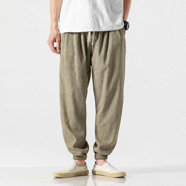 Chinese Style Harem Jogger Pants Men Cotton Linen Sweatpants Trousers Men Casual Lightweight Spring Summer Men Joggers yuhuv test  yuhuv test022.