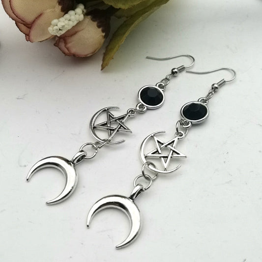 969696  yuhuv test Crescent Goddess Black Birthstone Earrings and Pentagram Witch Moon Earrings Gothic Celestial Jewelry-Sun Jewelry yuhuv test ajađ.