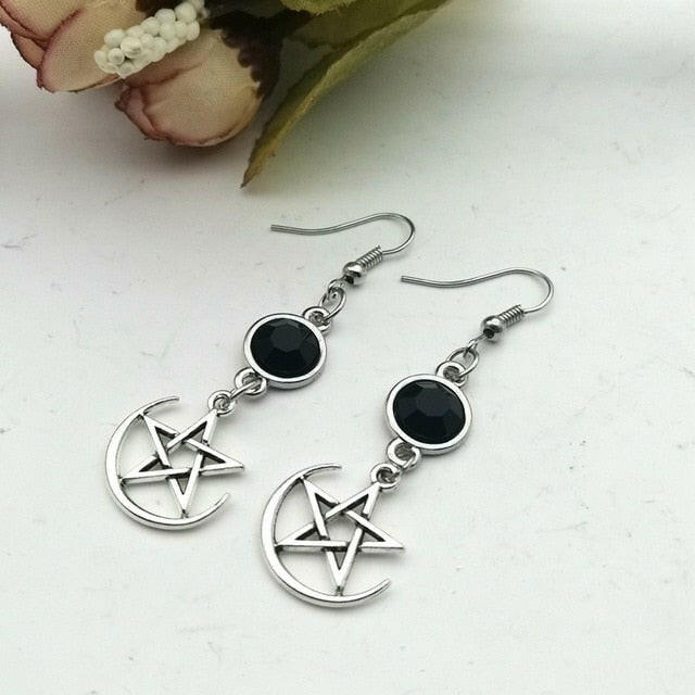 Crescent Goddess Black Birthstone Earrings and Pentagram Witch Moon Earrings Gothic Celestial Jewelry-Sun Jewelry yuhuv test  yuhuv test022.