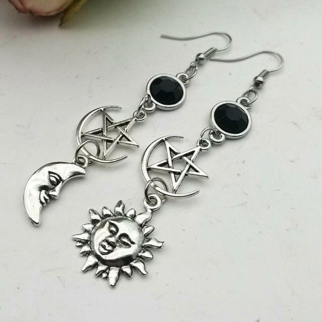 Crescent Goddess Black Birthstone Earrings and Pentagram Witch Moon Earrings Gothic Celestial Jewelry-Sun Jewelry yuhuv test  yuhuv test022.