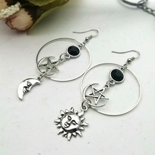 Crescent Goddess Black Birthstone Earrings and Pentagram Witch Moon Earrings Gothic Celestial Jewelry-Sun Jewelry yuhuv test  yuhuv test022.