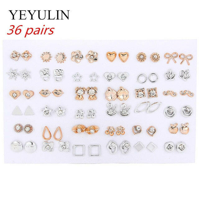 36Pairs/18pairs Earrings Mixed Styles Rhinestone Sun Flower Geometric Animal Plastic Stud Earrings Set For Women Girls Jewelry yuhuv test  yuhuv test022.