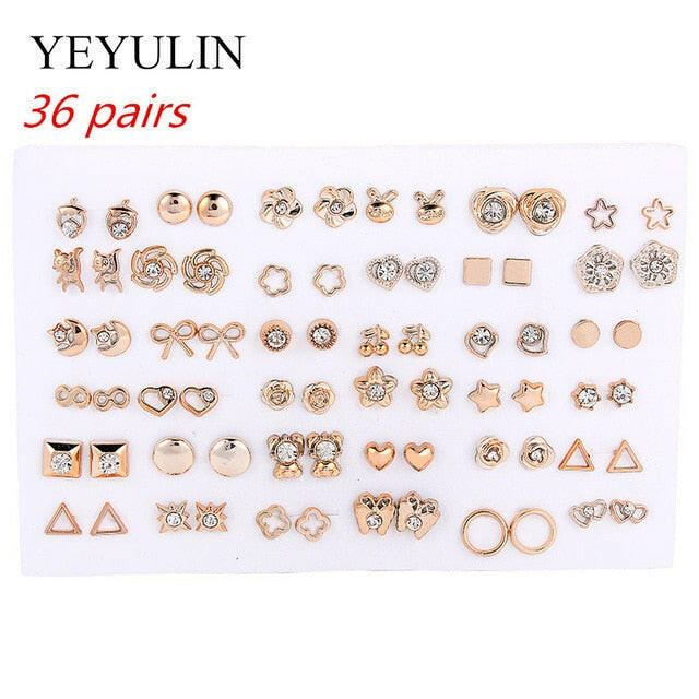 36Pairs/18pairs Earrings Mixed Styles Rhinestone Sun Flower Geometric Animal Plastic Stud Earrings Set For Women Girls Jewelry yuhuv test  yuhuv test022.