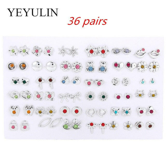 36Pairs/18pairs Earrings Mixed Styles Rhinestone Sun Flower Geometric Animal Plastic Stud Earrings Set For Women Girls Jewelry yuhuv test  yuhuv test022.