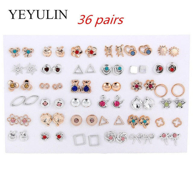 36Pairs/18pairs Earrings Mixed Styles Rhinestone Sun Flower Geometric Animal Plastic Stud Earrings Set For Women Girls Jewelry yuhuv test  yuhuv test022.