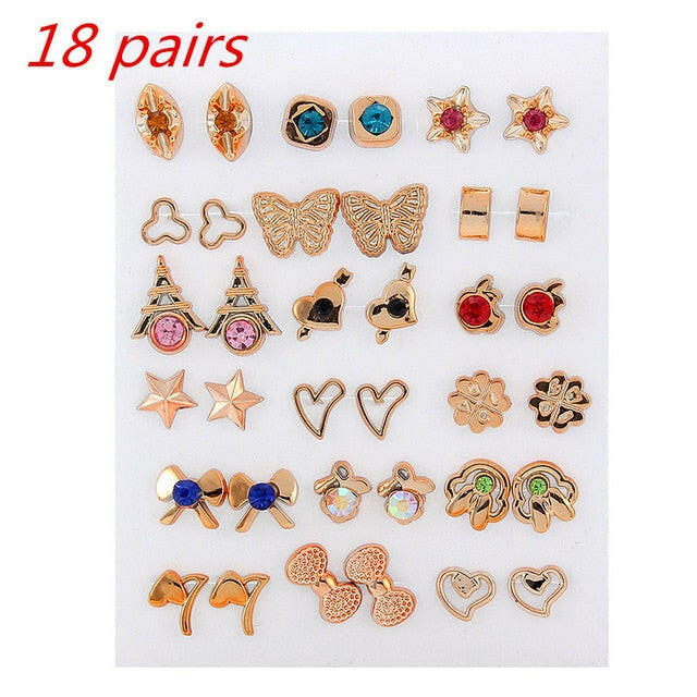 36Pairs/18pairs Earrings Mixed Styles Rhinestone Sun Flower Geometric Animal Plastic Stud Earrings Set For Women Girls Jewelry yuhuv test  yuhuv test022.