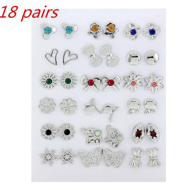 36Pairs/18pairs Earrings Mixed Styles Rhinestone Sun Flower Geometric Animal Plastic Stud Earrings Set For Women Girls Jewelry yuhuv test  yuhuv test022.