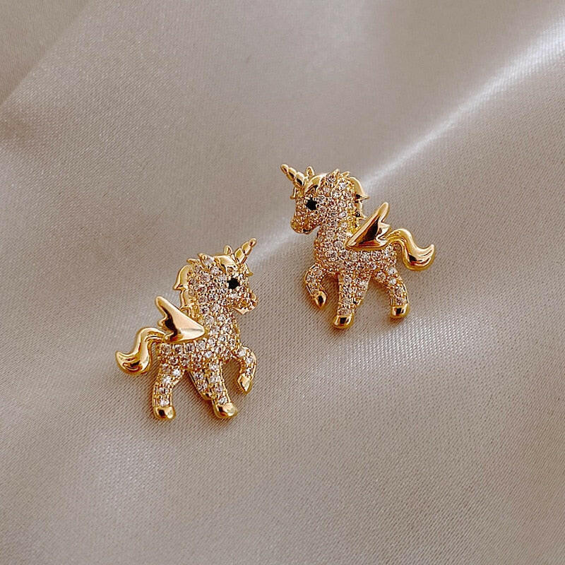 Cute Unicorn Stud Earrings for Women Fairy Animal Gold Cubic Zirconia Earrings Girls Birthday Party Gift Jewelry Pendientes yuhuv test  yuhuv test022.