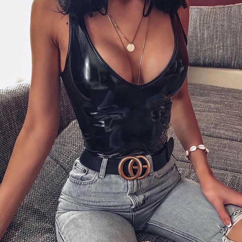 Ellolace Leather Black Bodysuit Women Female 2020 V-Neck Backless Jumpsuit Sexy Bodycon Bodys Summer Pu Black Bodysuits Femaleơ' yuhuv test3333 yuhuv test.