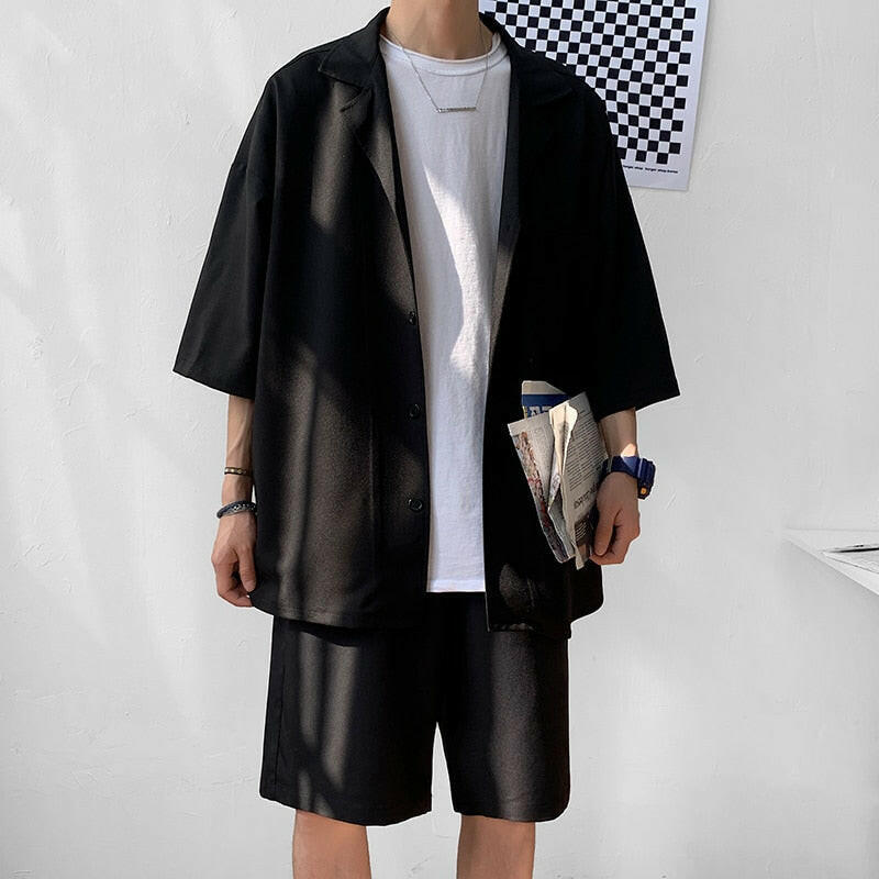 Korean Style Men's Set Suit Jacket and Shorts Solid Thin Short Sleeve Single Pocket Knee-Length Summer Oversized Clothing Man yuhuv test  yuhuv test022.