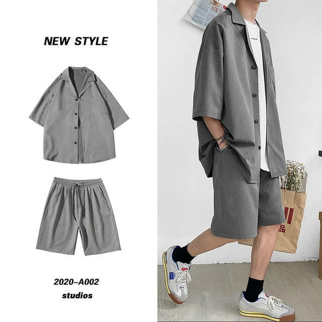 Korean Style Men's Set Suit Jacket and Shorts Solid Thin Short Sleeve Single Pocket Knee-Length Summer Oversized Clothing Man yuhuv test  yuhuv test022.