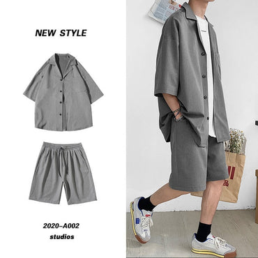 969696  yuhuv test Korean Style Men's Set Suit Jacket and Shorts Solid Thin Short Sleeve Single Pocket Knee-Length Summer Oversized Clothing Man yuhuv test aja.