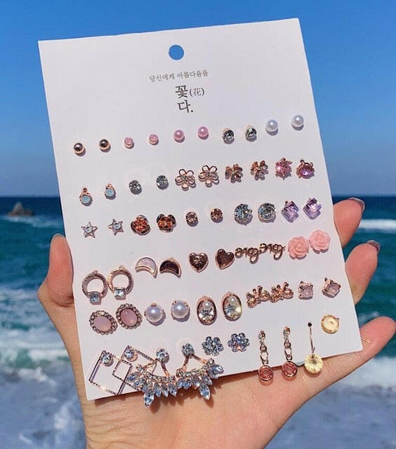 30pairs/lot of great deals New fashion Korean sweet flower heart-shaped bow woman rose gold color earrings set color set yuhuv test  yuhuv test022.