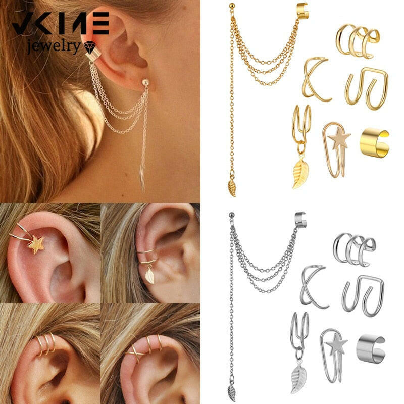 VKME Gold Star Leaves Non-Piercing Ear Clip Earrings For Women Men Simple Fake Cartilage Ear Cuff Jewelry Clip d'oreille yuhuv test  yuhuv test022.