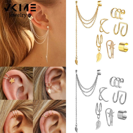 969696 yuhuv test VKME Gold Star Leaves Non-Piercing Ear Clip Earrings For Women Men Simple Fake Cartilage Ear Cuff Jewelry Clip d'oreille yuhuv test aja.