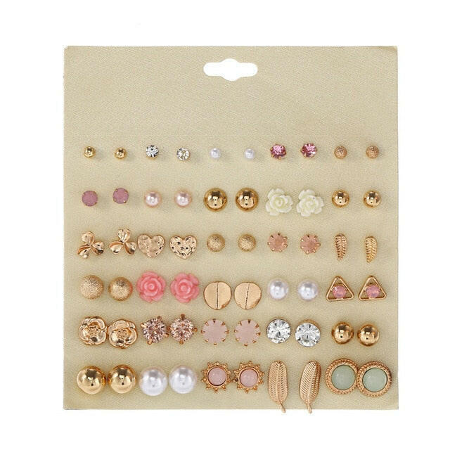 30pairs/lot of great deals New fashion Korean sweet flower heart-shaped bow woman rose gold color earrings set color set yuhuv test  yuhuv test022.