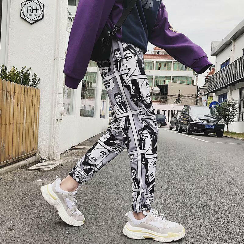 Man's Fashion Cartoon Comics Print Pants Loose Sport Casual Drawstring Elastic High Waist Joggers Pants Hip Hop Cropped Trousers yuhuv test  yuhuv test022.