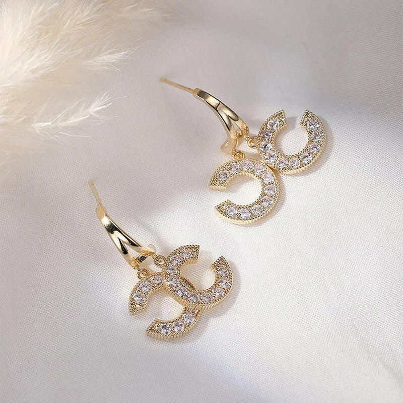 New Double C-Shape Pendant Ear Stud Fashion Gold Color Earrings For Women Simple Female Wedding Trendy Zircon Jewelry EG48 yuhuv test  yuhuv test022.