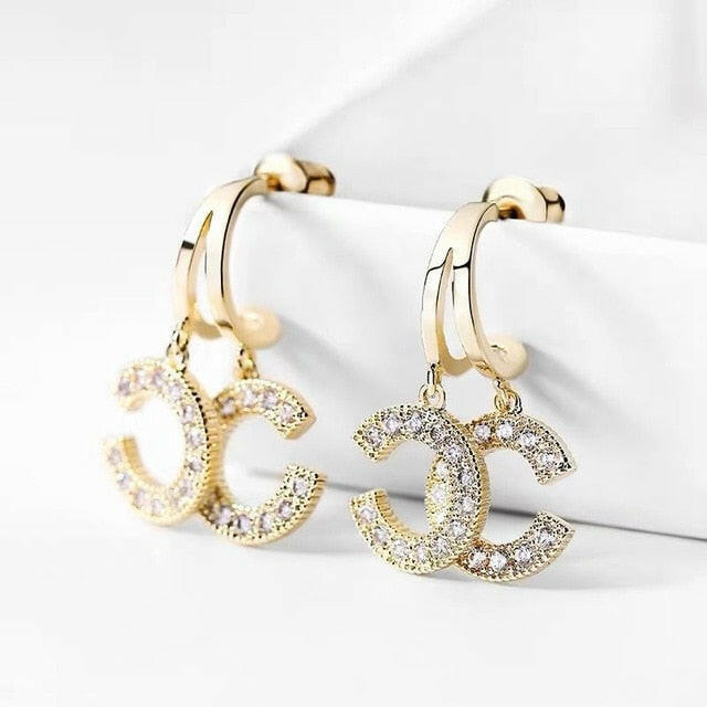 New Double C-Shape Pendant Ear Stud Fashion Gold Color Earrings For Women Simple Female Wedding Trendy Zircon Jewelry EG48 yuhuv test  yuhuv test022.