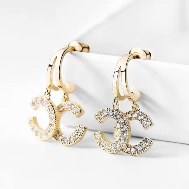 969696  yuhuv test New Double C-Shape Pendant Ear Stud Fashion Gold Color Earrings For Women Simple Female Wedding Trendy Zircon Jewelry EG48 yuhuv test aja.