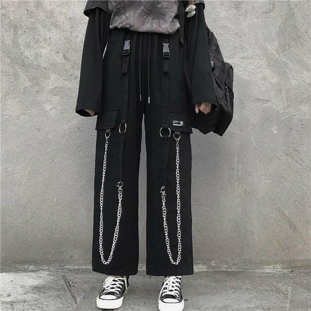 Black Cargo Pants Men Streetwear Cotton Hip hop Pants With Chain Loose Baggy Vintage Punk Harem Trousers Elastic waist Emo Pants yuhuv test  yuhuv test022.