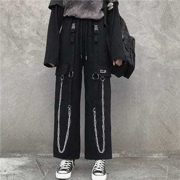 Black Cargo Pants Men Streetwear Cotton Hip hop Pants With Chain Loose Baggy Vintage Punk Harem Trousers Elastic waist Emo Pantsơ' yuhuv test3333 yuhuv testkk.